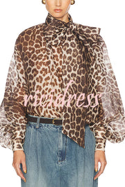 Arianne Chiffon Leopard Print Bow Neck Long Balloon Sleeve Loose Blouse