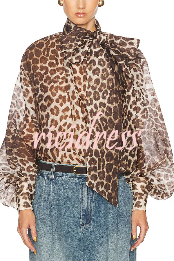 Arianne Chiffon Leopard Print Bow Neck Long Balloon Sleeve Loose Blouse