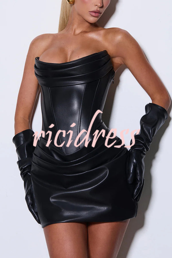 Palmer Faux Leather Pleated Off Shoulder Neck Slit Stretch Mini Dress