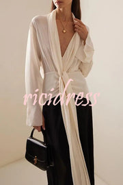 Fashion Contrast Color V-neck Tie High Waist Drape Maxi Dress