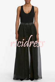 Avant-garde Fashion Denim Flowing Organza Patchwork Pocketed Wide Leg Jeans