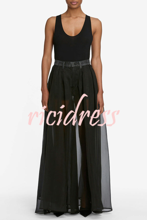 Avant-garde Fashion Denim Flowing Organza Patchwork Pocketed Wide Leg Jeans