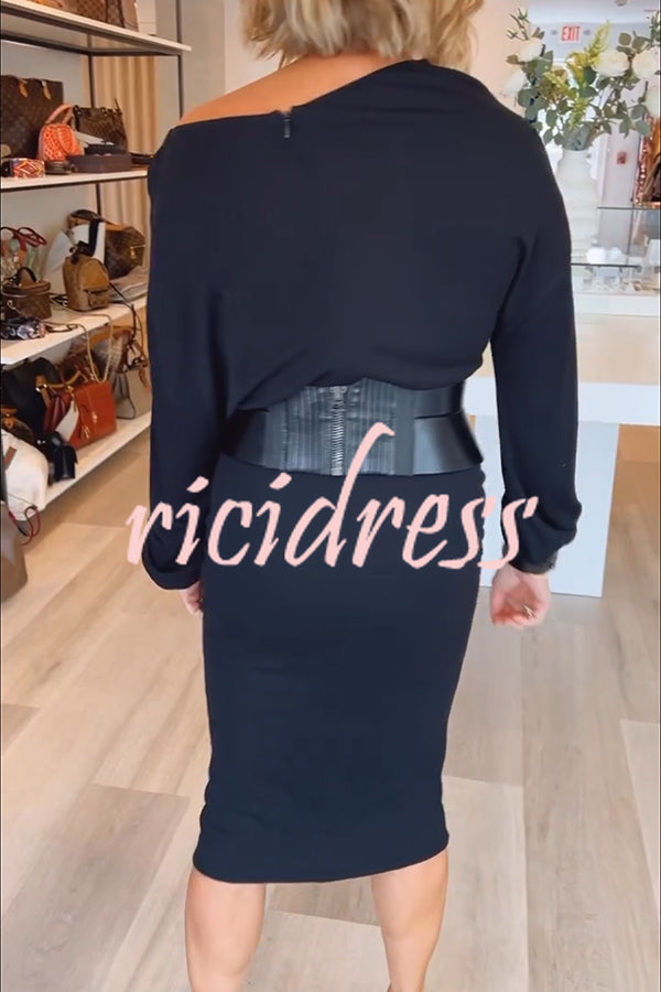 Winston Faux Leather Patchwork Wide Belt Design One Shoulder Stretch Midi Dress