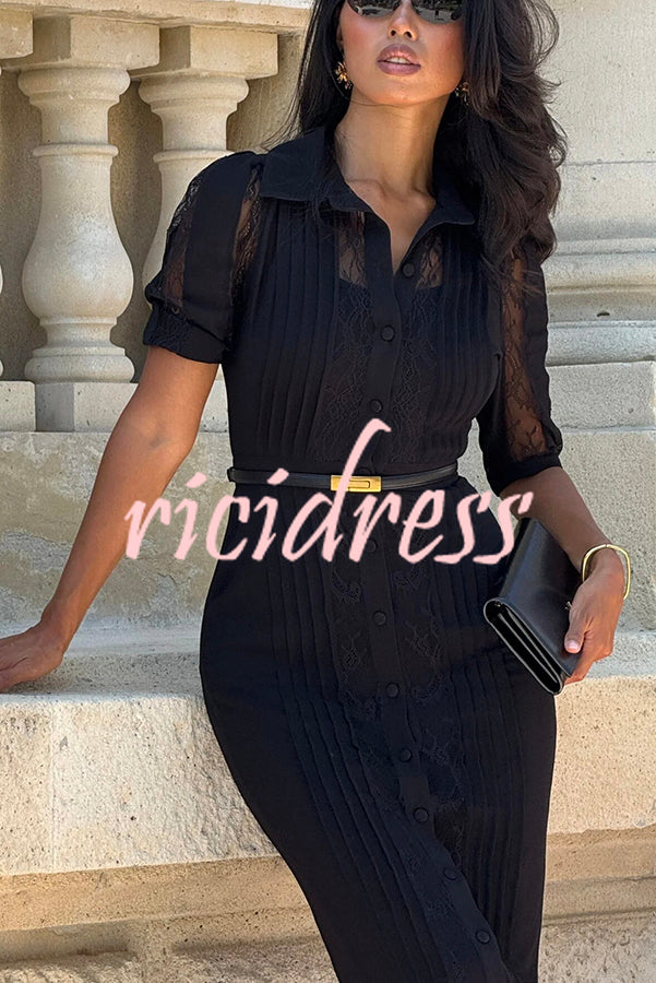 Lysette Lace Trim Pleated Button Up Short Sleeve Shirt Midi Dress