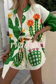 Beautiful Contrasting Cactus Print Button Pocket Lace Up Shorts Set