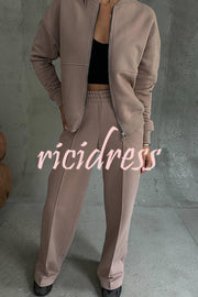 Solid Color Casual Long Sleeve Zipper Jacket and Elastic Waist Pocket Wide Leg Pants Set