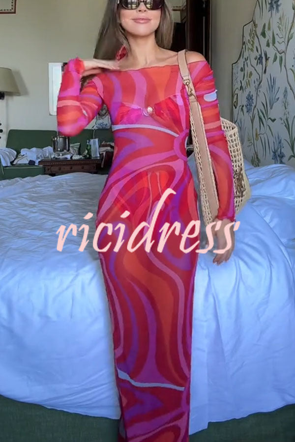Pool Party Ready Mesh Unique Print Long Sleeve Stretch See-Through Maxi Dress