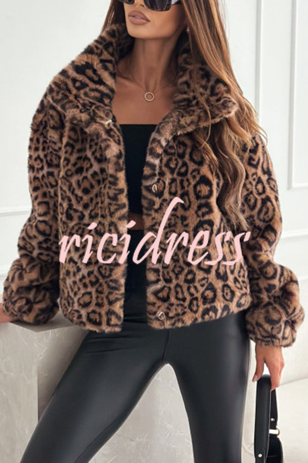 Stylish Leopard Print Lapel Long Sleeve Short Coat