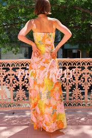 Floral Print Square Neck Strap Holiday Maxi Dress