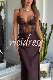 Elegant Evening Satin Lace Patchwork See-through Waist Slip Maxi Dress