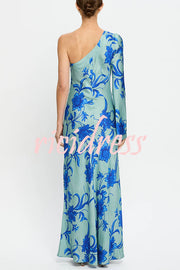 Satin Botanical Print One-Sleeve Resort Maxi Dress