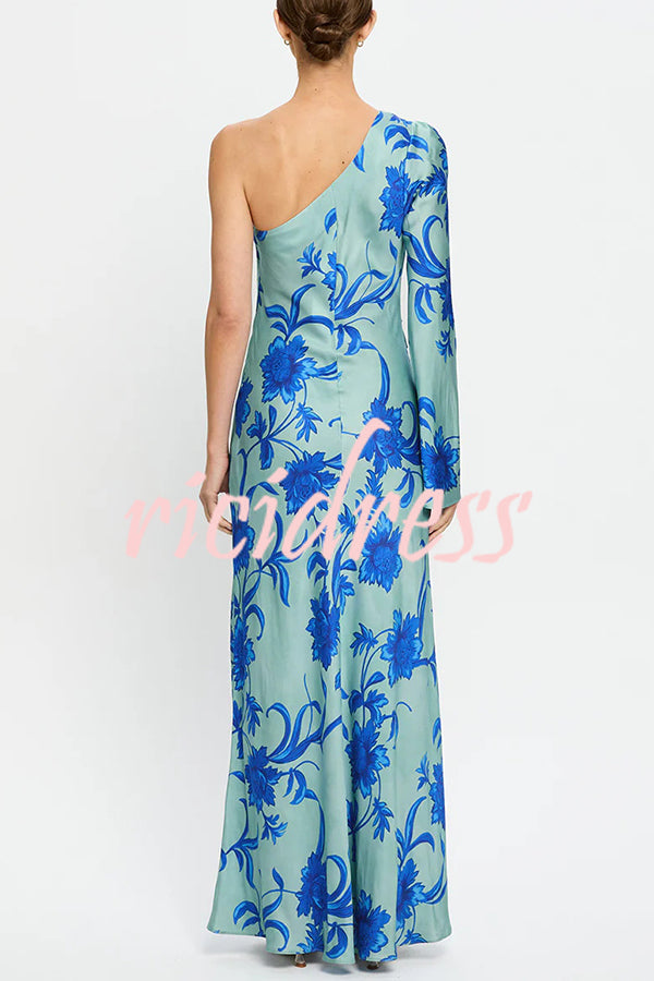Satin Botanical Print One-Sleeve Resort Maxi Dress