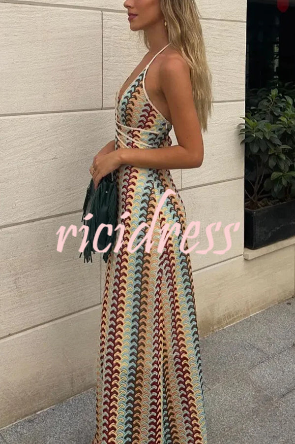 Playful Colorful Knit Holiday Style Halter Neck Maxi Dress
