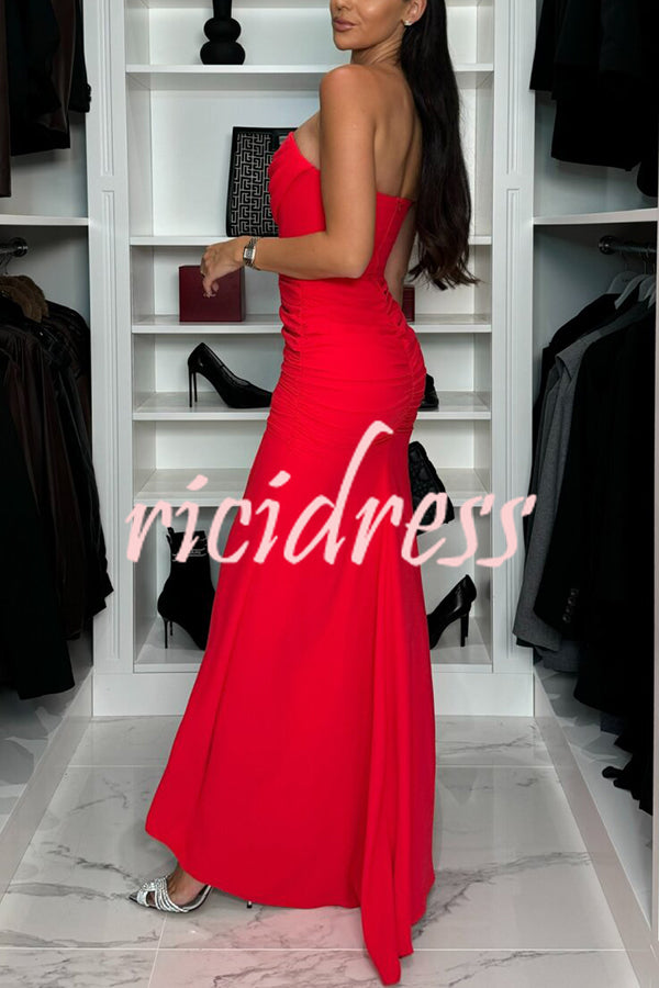 Miami Date Night Off Shoulder Drape Ruched High Slit Party Maxi Dress