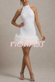 Dazzling and Playful Sequin High Neck Feather Trim Stretch Mini Dress