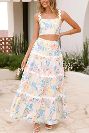 Linen Blend Ric Rac Trims Floral Print Top and Elastic Waist Maxi Skirt Set