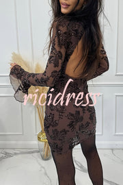 Deep and Dazzling Floral Texture Sequin Long Bell Sleeve Open Back Mini Dress