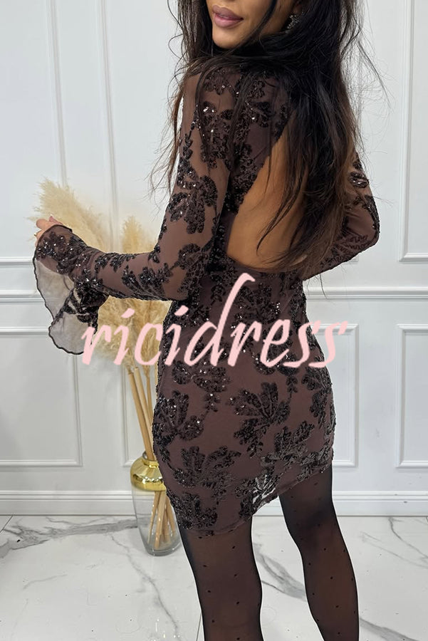 Deep and Dazzling Floral Texture Sequin Long Bell Sleeve Open Back Mini Dress