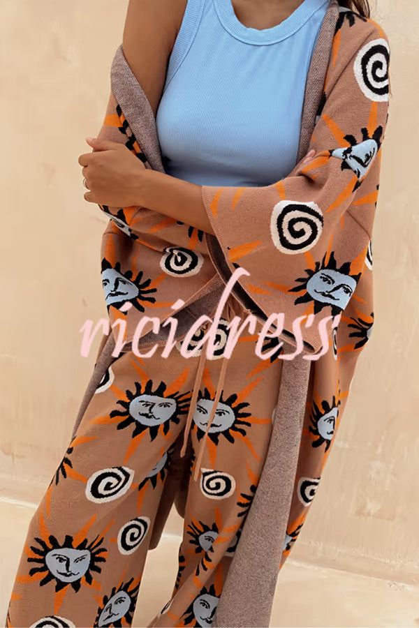 Mediterranean Art Knit Unique Sun Vortex Print Bell Sleeve Long Cardigan