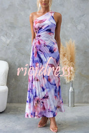 Laken Floral Print One Shoulder Adjustable Tie Cutout Pleated Maxi Dress