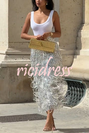 Evening Charm Layered Sequined Tassels High Rise Back Zipper Slit Midi Skirt