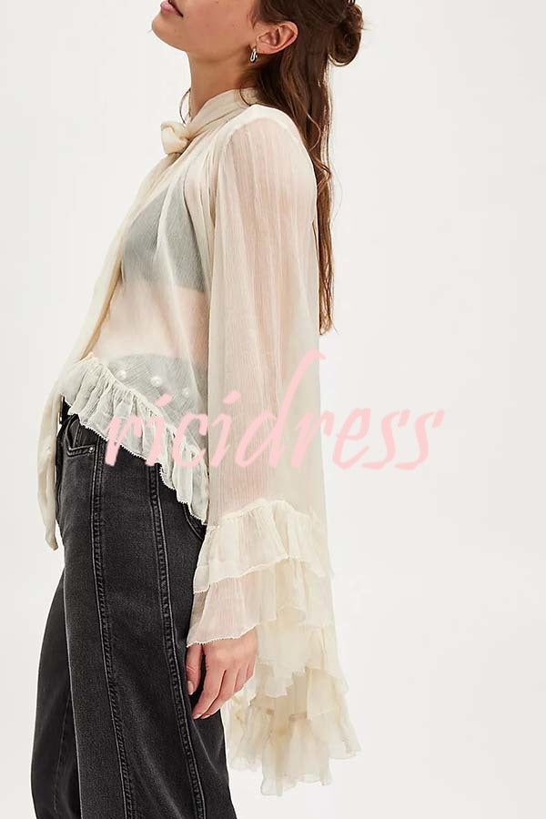 Flowy See-through Ruffle Tie-up Neck Bell Sleeve High-low Hem Cape Shirt