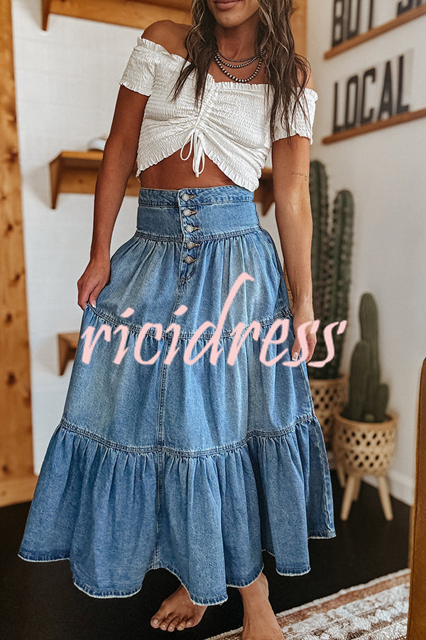 Bohemian High Rise Button Up Loose Denim Pocket Maxi Skirt