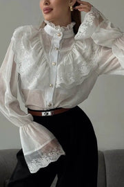 French Chiffon Ruffled Stand Collar Casual Shirt