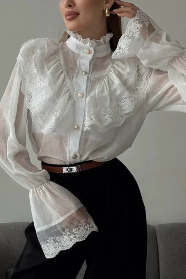 French Chiffon Ruffled Stand Collar Casual Shirt