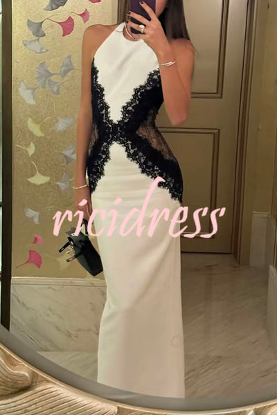 Sexy Halterneck Lace Paneled Backless Slim Maxi Dress