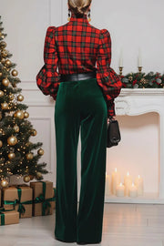 Retro Plaid Turtleneck Long Balloon Sleeve Top and Velvet Pocket Wide Leg Pants Set