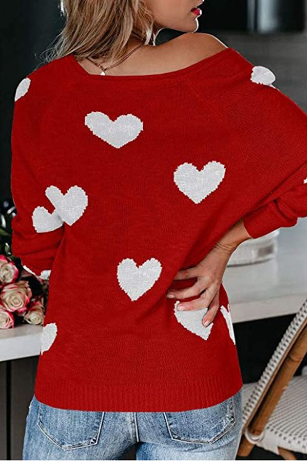 Stylish Color-blocked Heart-patterned Long-sleeved Loose Knit Sweater