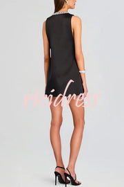 Elegant Demeanor Satin Gemstone Trim Deep V-Neck Tank H-line Mini Dress