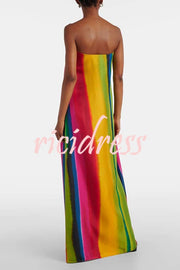 Artistic Rainbow Satin Watercolor Print Off Shoulder Pocketed H-line Maxi Dress