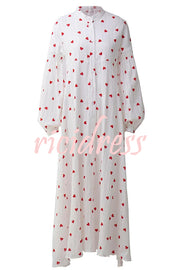 Cute Heart Print Puff Sleeve Loose Shirt Style Maxi Dress