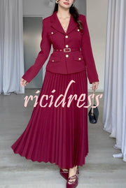 Solid Color Lapel Button Belt Blazer and Pleated Casual Maxi Skirt Set