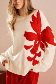 Fashionable Color-blocked Floral Loose Long-sleeved Knit Sweater