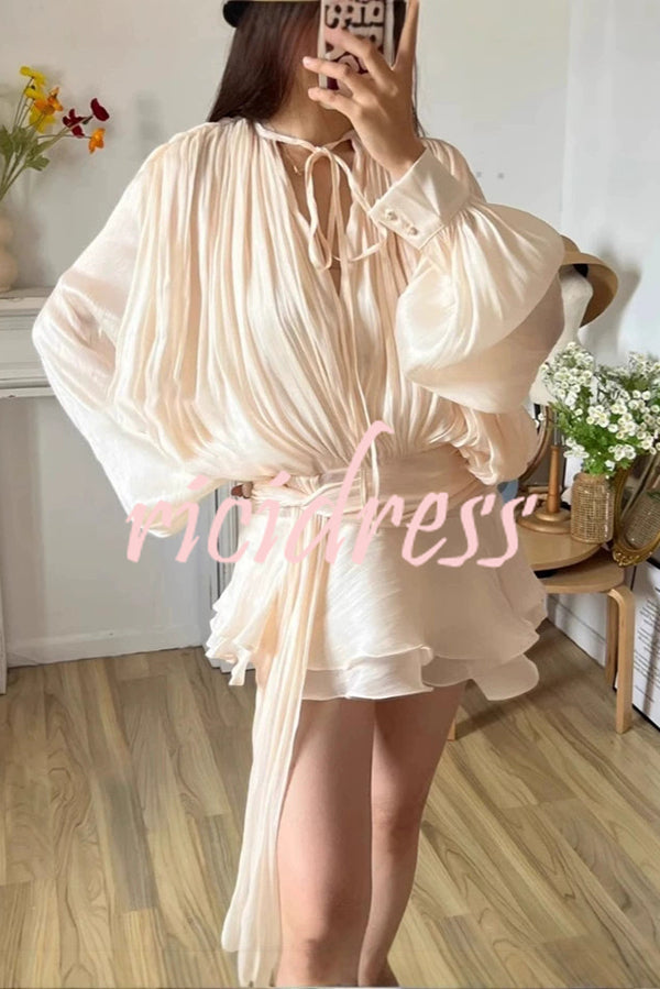 Solid Color Long Sleeve Tie Waist Irregular Mini Dress