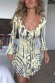 Fashion Tie-dye V-neck Long-sleeved Ruffled Slim Mini Dress