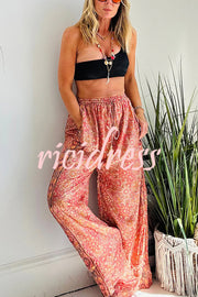 Vintage Boho Ethnic Print High Rise Elastic Drawstring Waist Pocketed Loose Pants
