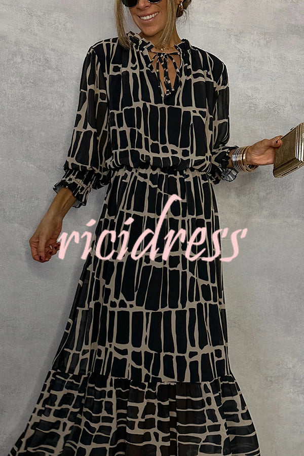 Unique Printed V-neck Tie-up Waist Long-sleeve Maxi Dress