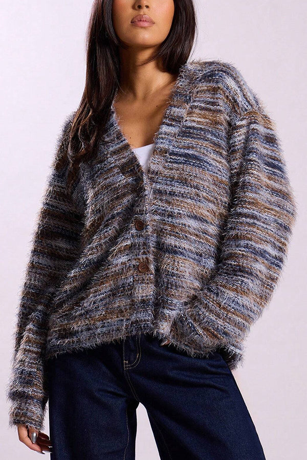 Fashionable Mixed Color Loose V-neck Casual Knit Cardigan