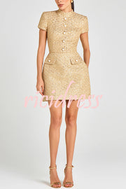 Gold Standard Tweed Fabric Pearl Button Short Sleeve Pocketed Mini Dress