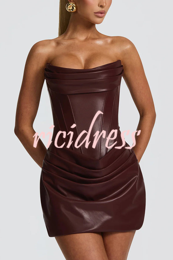 Palmer Faux Leather Pleated Off Shoulder Neck Slit Stretch Mini Dress