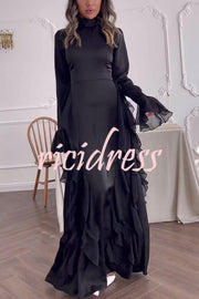 Cline Solid Color High Neck Long Sleeve Elegant Ruffles Maxi Dress