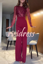 Seleia Tulle Sequin Patchwork Long Sleeve Wide Leg Stretch Jumpsuit