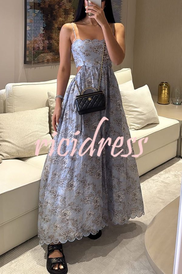 Coralie Floral Print Wavy Trim Cutout Back Smocked Maxi Dress