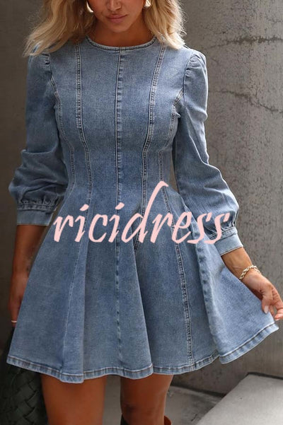 Fade Into You Denim Princess Line Back Zipper Flare Stretch Mini Dress