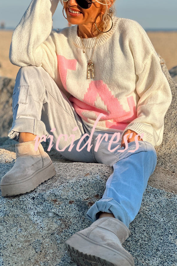 Letter Pattern Crew Neck Long Sleeve Loose Knit Sweater