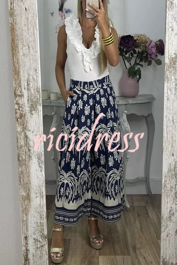 Unique Print Elastic Waist Loose Pocket Holiday Wide Leg Pants